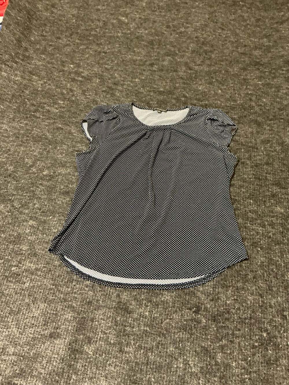 Adrianna Papell Polka Dot Short Sleeve Pleated Blouse Womens Size Large Navy